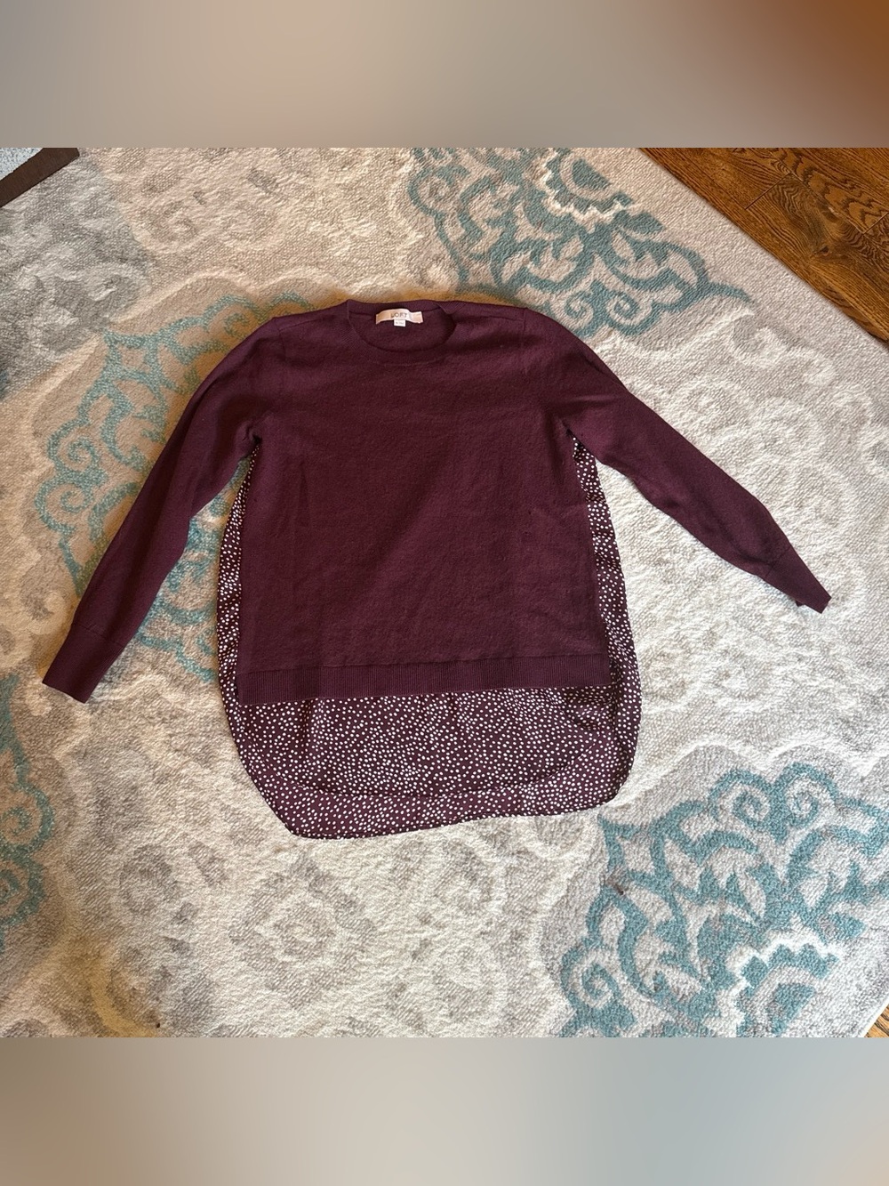 LOFT Plum Layered Look Crewneck Sweater with Printed Hem